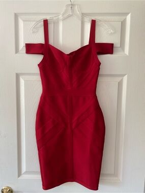 Vintage BCBGMAXAZRIA Red Bandage Bodycon Dress Sweetheart Cold Shoulder - Sz S